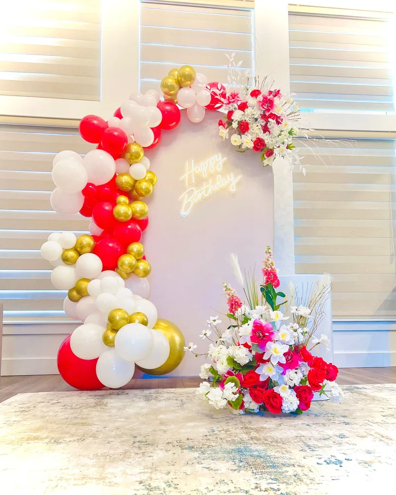 Hot pink, white, gold birthday decor